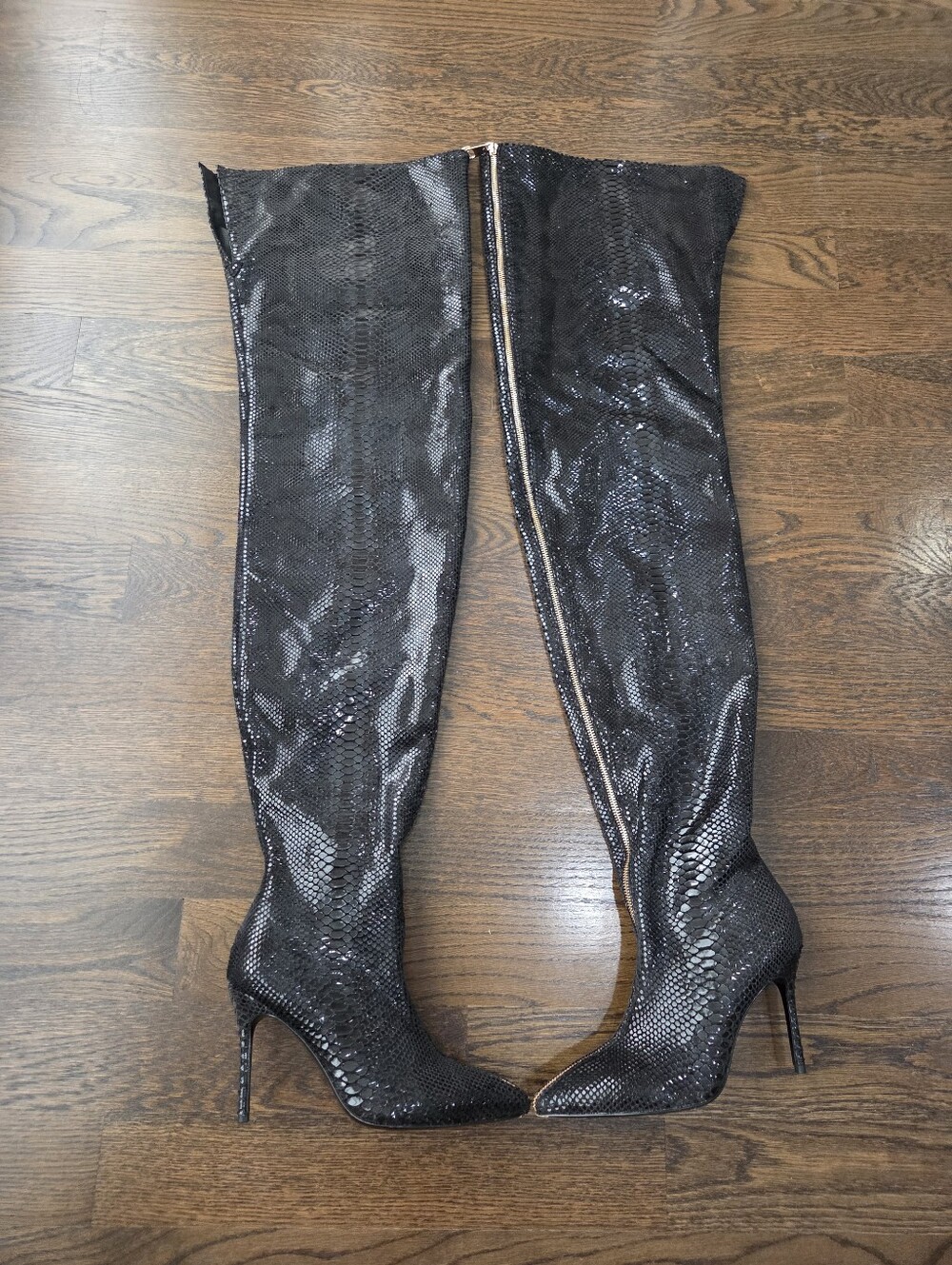 Jennifer Le Black Over The Knee Elegant High Heel Thigh Boots Sz.40 shiny Zip